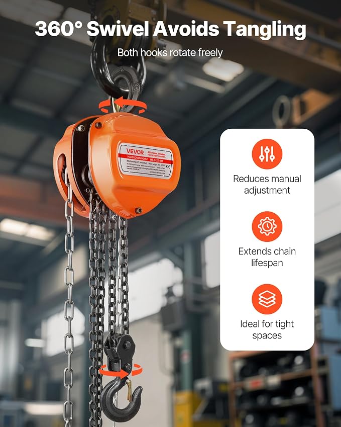 VEVOR Hand Chain Hoist, 2 Ton 4400 lbs Capacity, Manual Chain Block with Upgrade G80 Galvanized Chain, 20 ft Lifting Height, Heavy Duty Pulley Hoist for Garage Warehouse Automotive Machinery, Orange