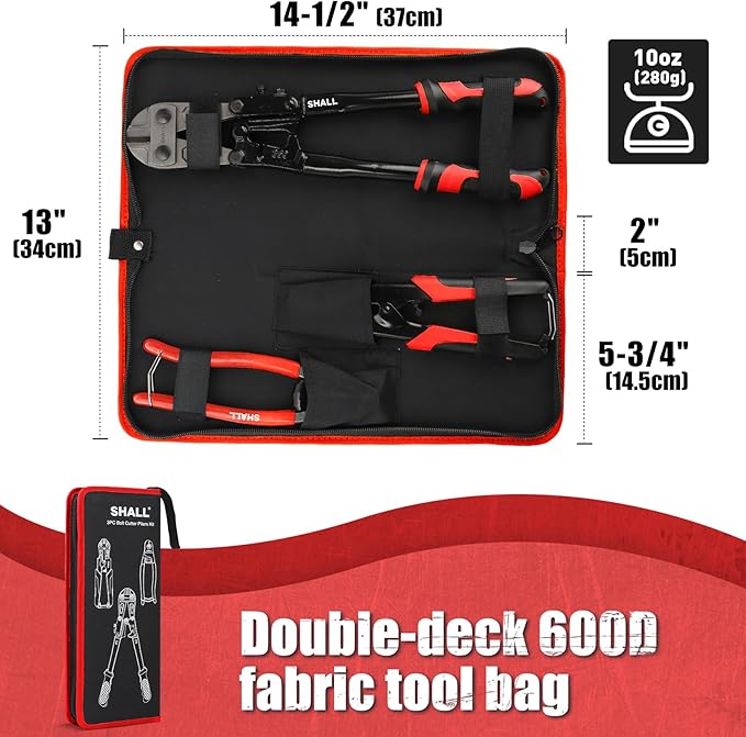 SHALL 3-Piece Bolt Cutters, 14" Heavy Duty Bolt Cutter, 8" Mini Bolt Cutter, 8" Wire Rope Cutter, Ergonomic Handle, More Efficient Leverage for Cutting Locks, Chains, Iron Wire, Carrying Case Included