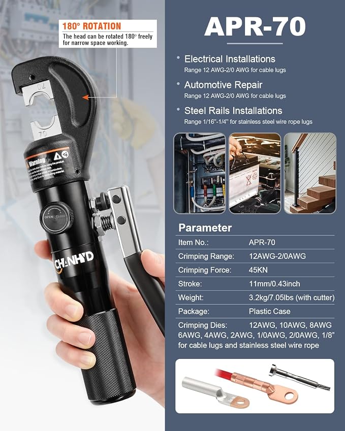 Hydraulic Crimping Tool and Cable Cutter, 12 AWG to 00 (2/0), 10 Tons Battery Cable Crimper Tool with 9 Crimping Dies, Wire Terminal Lug Crimping Tool for Cable Lug with cutter
