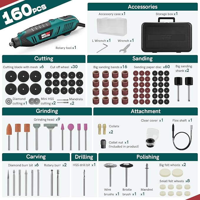 NEU MASTER 180W Rotary Tool Kit with 160 Accessories, 6-Speed Corded Rotary Tool Set 10000-35000 RPM with Flex Shaft, Electric Engraving Tool for Grinding Sanding Carving Polishing Drilling DIY