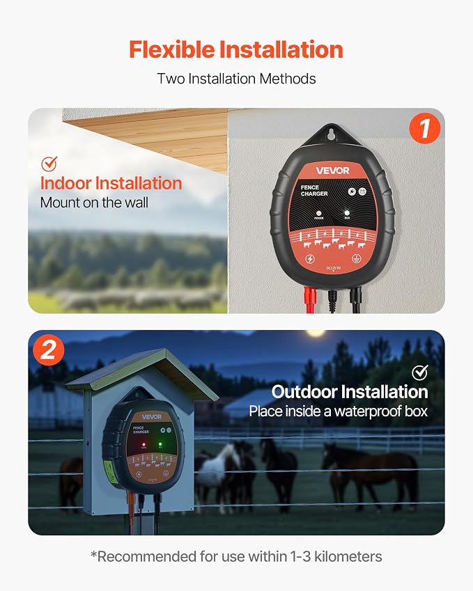 VEVOR Electric Fence Charger, 10kV 1J, AC DC Electric Fence Energizer with LED Indicator, 1.86 Miles Range, Powerful Plug-in Fences Charger, Prevents Wild Animals Intrusion for Livestock Poultry
