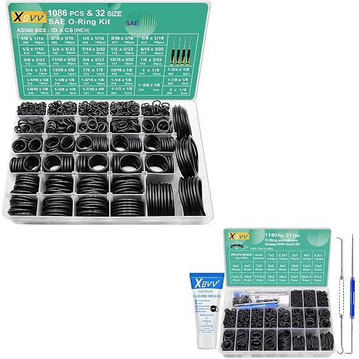 XBVV 1140 Pcs O Ring Assortment and 1oz Silicone Grease Kit and 32 Size SAE O Ring Assortment Kit 1086 Pcs Standard Buna-N Rubber O'ring Set with 4 Pick & Hook