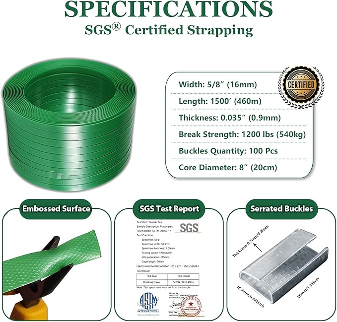 Packaging Strapping, Pallet Straps, Banding Strap (5/8" x 1500 ft x 0.035" PET Polyester Coil Roll and 100 Buckles) - Certified 1200 lbs Break Plastic Strap