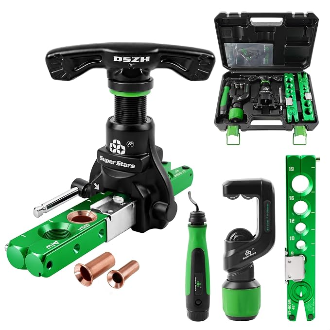 Super Stars Flaring Tool Kit 1/4in - 3/4in Single Flare Tool HVAC 45° Eccentric Type Flare Tool with Pipe Cutter for Copper Tube Pipe (5 in 1 Kit)