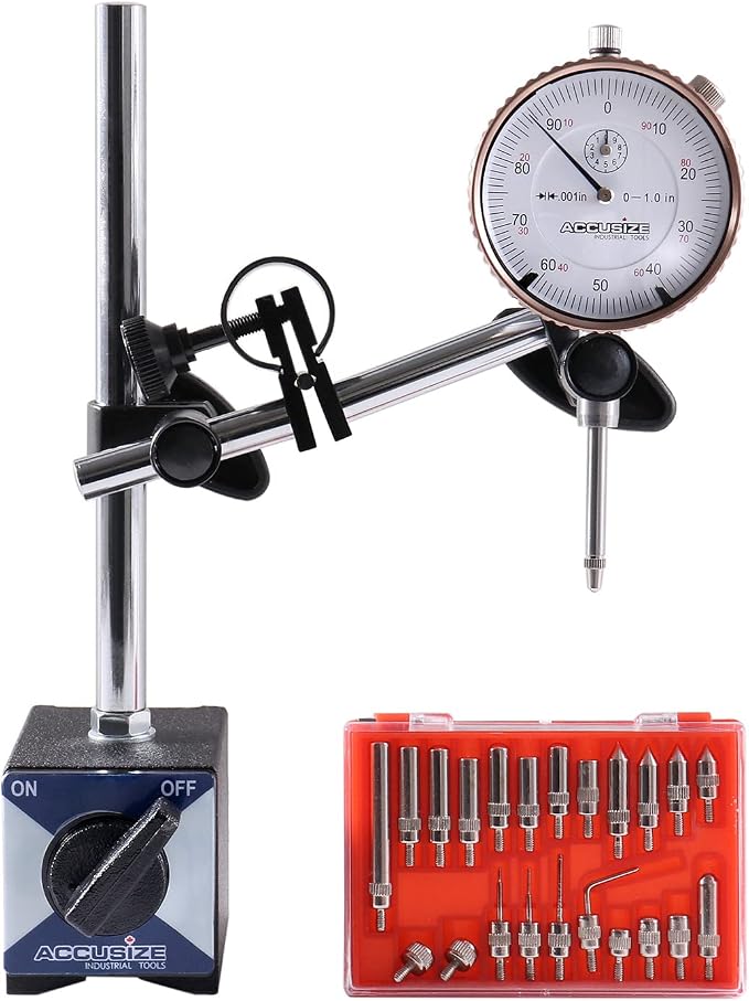 Accusize Industrial Tools 3 Pc Set, 110 Lb Capacity Magnetic Base, 0-1'' by 0.001'' Dial Indicator and 22 Ps Indicator Point Kit, Eg01-1039