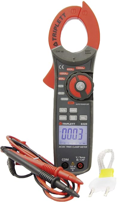 Triplett 9325 True RMS 6000 Count Clamp-On Digital AC/DC Meter - Current, Voltage, Resistance, Frequency, Capacitance, Temperature, Continuity, Diode Check, and Duty Cycle