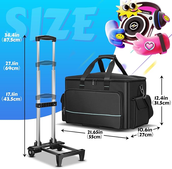 DJ Cable Bag, Rolling DJ Cable Bag with Detachable Trolley & Dividers | Large Capacity Gig Bag with Laptop Compartment, Professional Organizer Bag for Cables, Microphones, and DJ Equipment