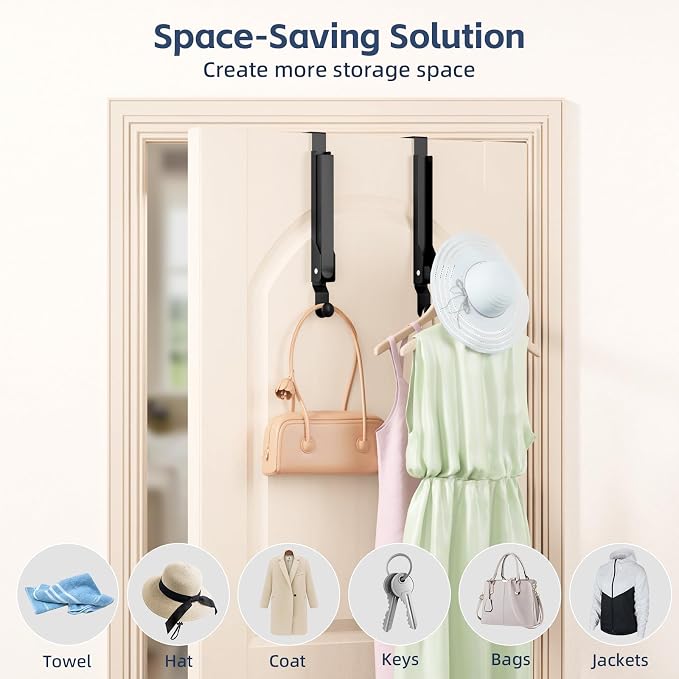 2 Pack Heavy Duty Over The Door Hooks, Over The Door Clothes Hanger, Over The Door Hanger, Foldable Over The Door Drying Rack for Laundry, Over Door Hook for Hanging Clothes,Rust-Resistant,Black