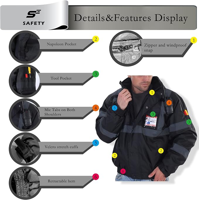 sesafety Reflective Jacket for Men, High Visibility Jackets, Safety Jackets for Men, Hi Vis Construction Bomber Jackets Waterproof with Pockets and Zipper, Black Bottom, Class 3