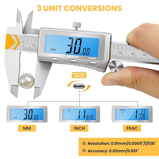 Digital Caliper, Rechargeable Caliper Measuring Tool with Backlight LCD Screen,Vernier Dial Caliper Stainless Steel with Auto-Off Feature,Inch Metric Fraction Conversion, for Jewelers/Woodworkers/DIY