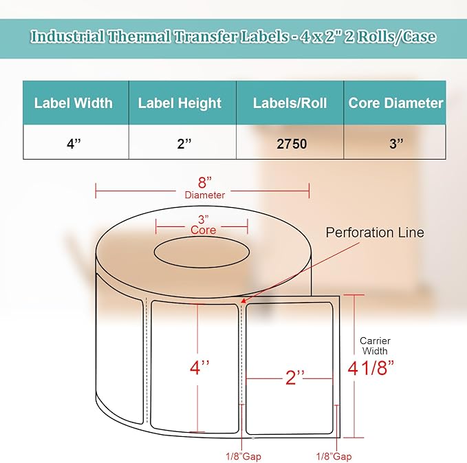 Industrial Thermal Transfer Labels, 4 x 2 Inches, 3 Inch Core, 2,750 Labels/Roll- 2 Rolls/Case, Perforated, Ribbon Required, for Thermal Transfer Printers