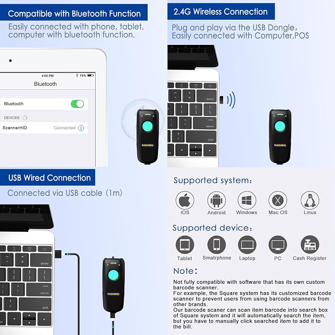 NADAMOO Wireless Barcode Scanner Compatible with Bluetooth Function, 2.4G Wireless & Wired 3-in-1 Bar Code Scanner Portable USB CCD Reader, Work with iPhone iPad Android Windows Mac OS - Light Blue