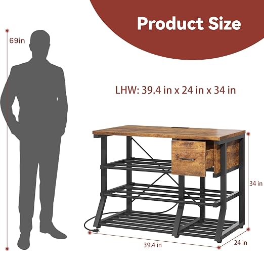 3D Printer Workstation with Power Outlet & Filament Storage, Heavy Duty 4-Tier 3D Printer Stand with Drawer, X-Bracket Stability, Large 39.4” 3D Printing Desk for Workshop, Studio, Office