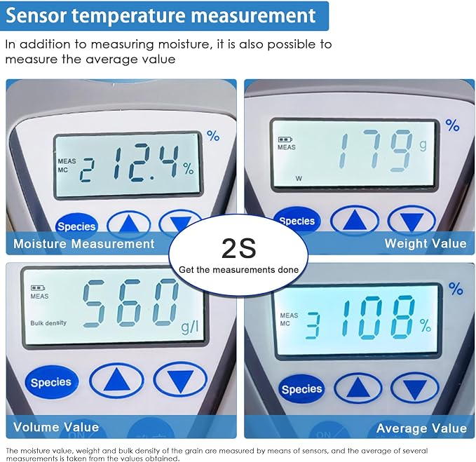 Professional Grain Moisture Meter, Moisture Tester for 20+ Grains, Measure Weight, Density, Temperature with LCD Display, Wheat, Corn, Rice, Crop Moisture Detector