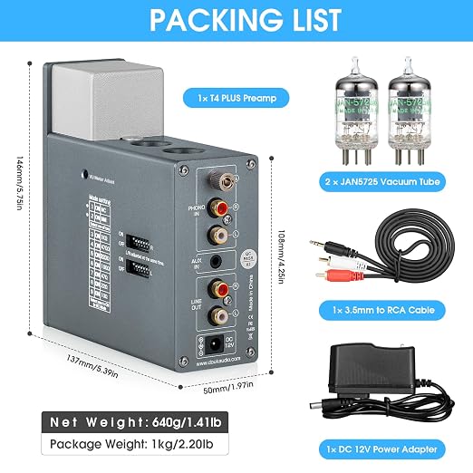 Douk Audio Tube Phono Preamp: HiFi MM/MC Turntable Preamplifier | Headphone Amp with AUX Input | VU Meter for Record Players, Vinyl Systems Audiophiles (T4 Plus)