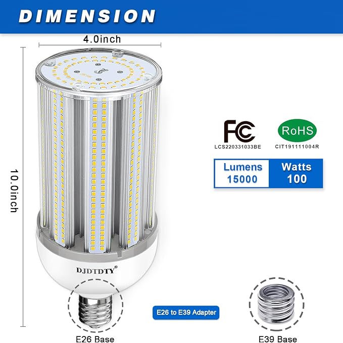 2 Pack, Super Bright 100Watt LED Corn Bulbs, E26 Base,5000K,15000LM LED Light Bulb for Garage Warehouse Workshop Barn (100W)