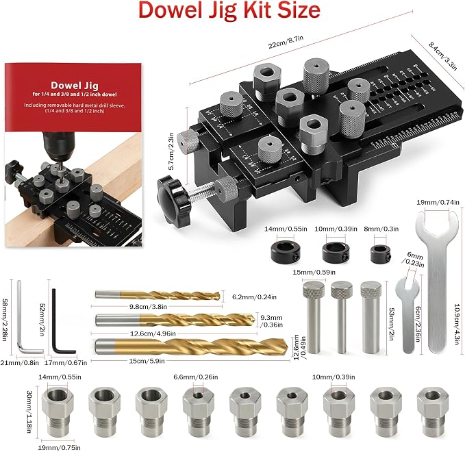 Woodworking Dowel Jig Kit, Precision Drill Guide with 1/4 3/8 1/2 Inch Bushings & Drill Bits, Adjustable Doweling Jig for Straight Holes, Quick Clamp System for Furniture Cabinet DIY Wood Joints