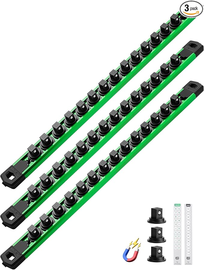 ALOANES Magnetic Socket Organizer Set, 3-Piece Heavy Duty Aluminum Socket Rails, 360° Swivel Clips Socket Rail Kit for Tool Tray Drawer Fit 3/8-Inch x 42 Clips (Green, 3PC)