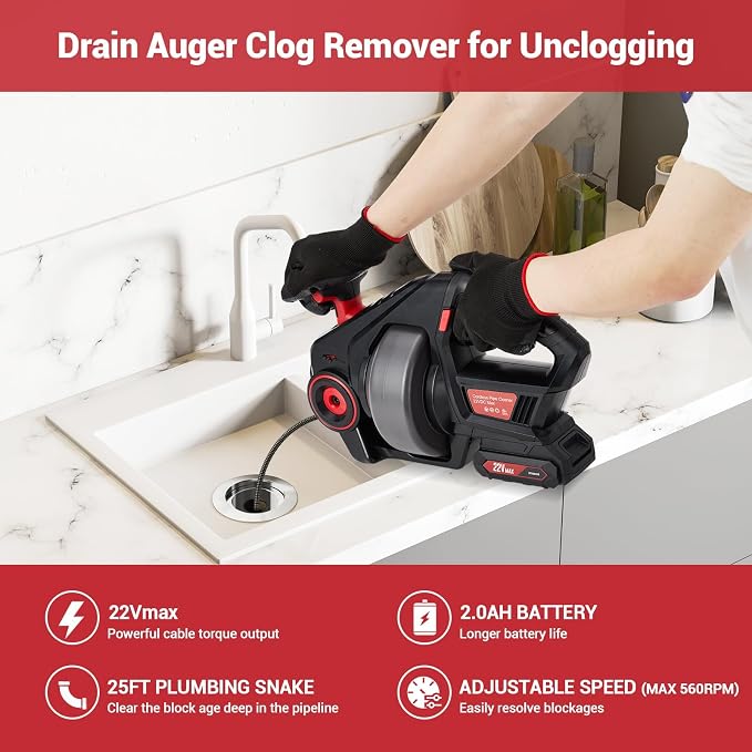 22V Cordless Electric Drain Auger, Automatic Drain Snake Cleaner Machine with 25Ft Flexible Steel Cable, Power Pipe Clog Remover Tool for 3/4" to 2" Pipes, Battery, Charger & Carrying Bag Included