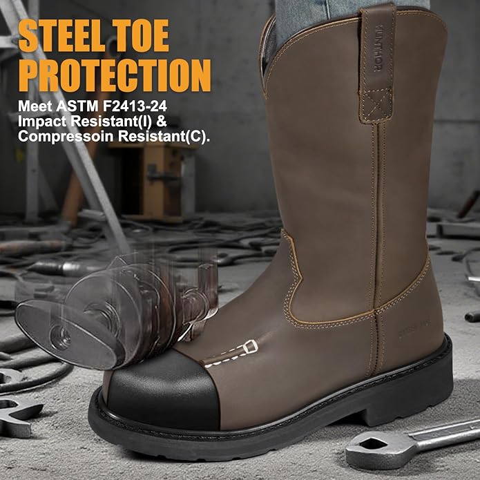 Steel Toe Work Boots - Puncture Proof with Steel Shank, GoodyearWelt, Full-Grain Leather, Oil & Slip Resistant, Pull-On Moc Design - Ideal for Construction and Farming (Dark Brown, Sizes 7-14)