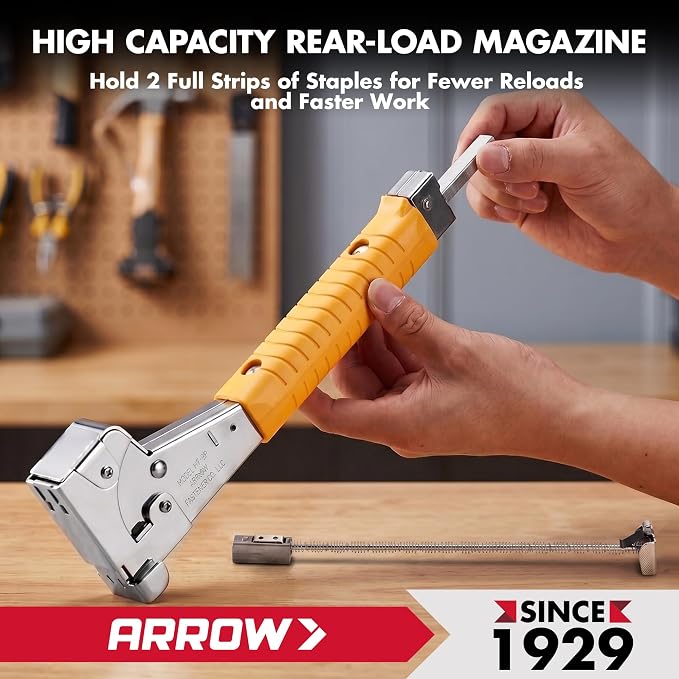 Arrow HT50 Heavy Duty Hammer Tacker, Chromed-Steel Manual Stapler with Sure-Grip Handle, Dual-Capacity Rear-Load Magazine, Fits 5/16”, 3/8", or 1/2" Staples