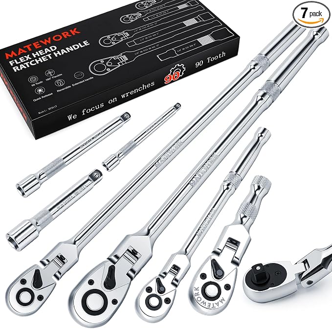 Matework 7Pcs Flex Head Ratchet Set, 1/4”, 3/8” and 1/2” Drive Swivel Ratchet Wrench with 180° Flex Head, 90 Tooth, Quick-Release, Extra Long Handle Ratchet with Extension Bar and EVA Foam, CR-V Steel