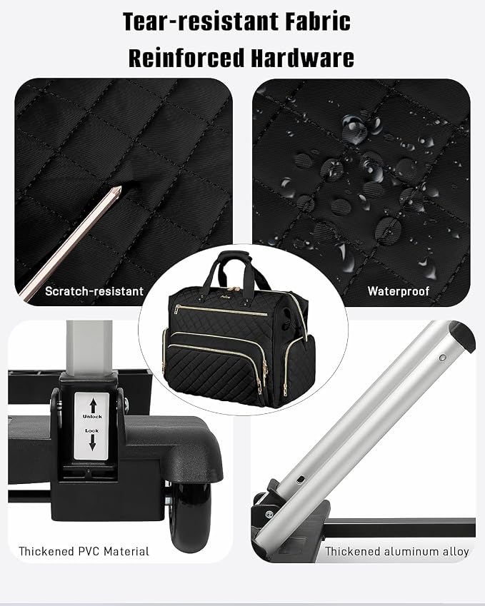 Rolling Teacher Bag, 16 Inch Rolling Laptop Bag with Detachable Dolly & Teacher File Tote, Large Roller Briefcase for Teaching Office Work, Women, Craft Nurse, Black