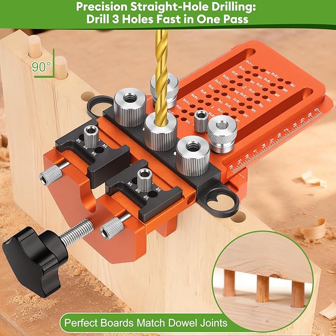 Adjustable Dowel Jig Kit, Drill Guide with Quick Positive Stop & Clamp – Fits 1/4, 3/8, 1/2 Inch Dowel Holes, Dowel Jig for Woodworking Fit All Kinds Wood Dowel Joints, for Cabinet, Furniture