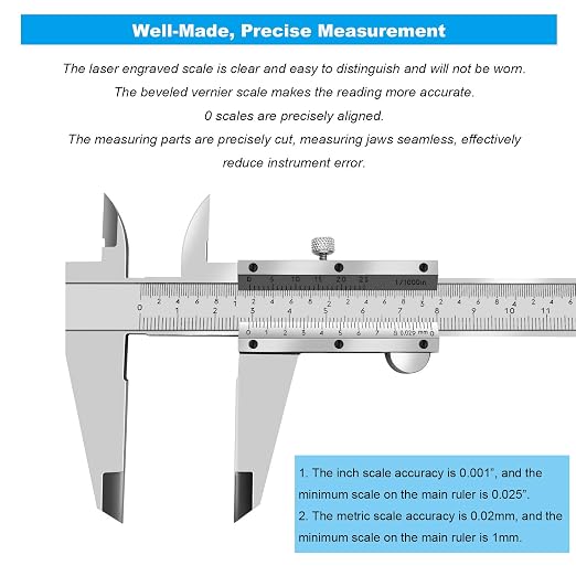 8 Inch / 20 cm Micrometer Vernier Caliper, Stainless Steel Precision Measuring Tool (Inch/Metric), Depth/Inside/Outside/Step Measurement, Accuracy 0.001" / 0.02mm