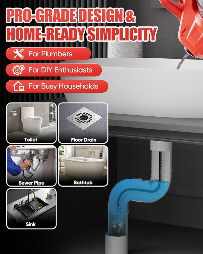 20V Cordless Electric Drain Snake, 25Ft Replaceable Cable with 2.0Ah Battery & Fast Charger, Bag & Gloves for Sink & Sewer, Clears 3/4"-2" Pipes, Father's Day Gift