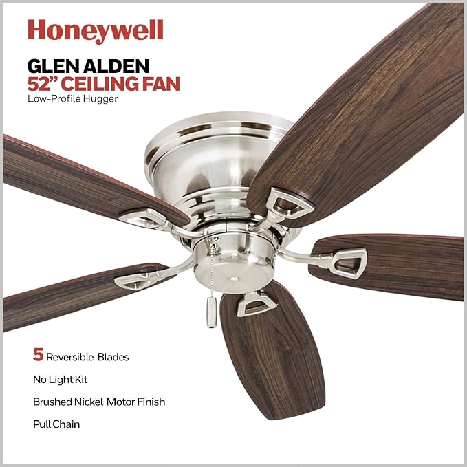 Honeywell Glen Alden 52 Inch Indoor LED Ceiling Fan with No Light, Pull Chain Control, 5 Dual-Finish Blades, Quiet Reversible Motor, Brushed Nickel
