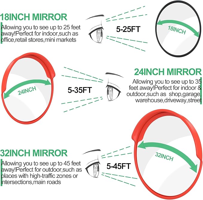 RELIANCER 32" Convex Security Mirror,Curved Safety Traffic Road Driveway Mirror,Adjustable Safety Corner Surveillance Mirrors,Outdoor Indoor Blind Spot Mirrors For Garage Parking Lot Shop Office