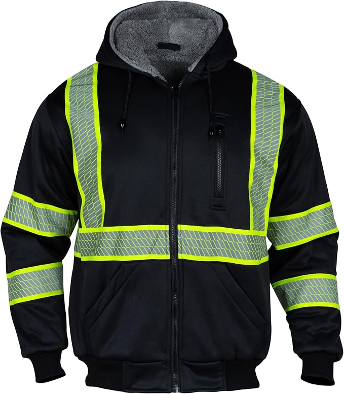 VENDACE Men's ANSI Class 3 High Vis Safety Reflective Sweatshirt Wool Fleece Zipper Jacket Hoodie with Black Bottom(Black,L)