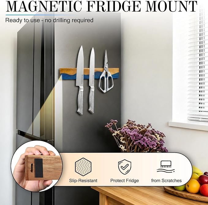 MEN WITH THE POT Magnetic Knife Strips, 16 Inch Magnetic Knife Holder for Fridge Wall, Acacia Wood & Blue Resin Knife Magnetic Strip Use as Knife Bar, Knife Holder for Kitchen Utensil Organizer