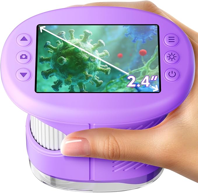 Odatay 4K 1000X Digital Microscope for Kids with Long Distance Viewing & 2.4" Screen, Portable Handheld Edu Toys for Kids Age 3-12 Exploring Bugs Plants at Home Classroom & Outdoor Travel, Purple