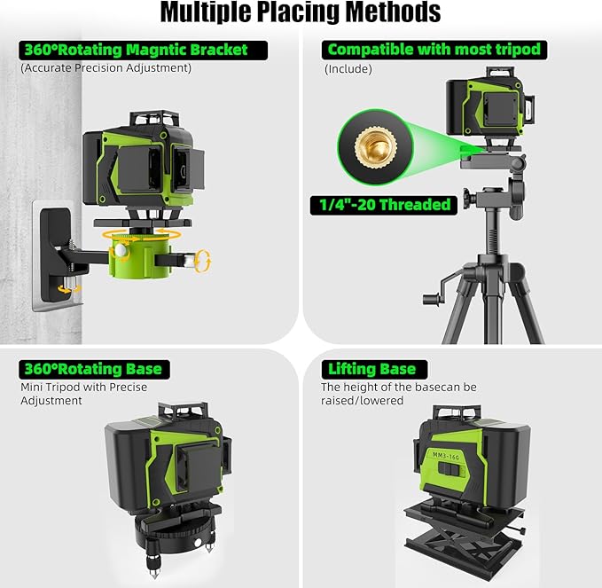 16 Line Laser Level with Tripod,4x360° Self Leveling Laser Level with 2 Batteries,4D Laser Level 360 Self Leveling,Green Line laser Level Tool for Construction,Picture Hanging,Home Renovation