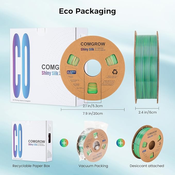 Comgrow Tri-Colors Silk PLA 3D Printer Filament, Rainbow PLA Filament 1.75mm, Dimensional Accuracy +/- 0.02 mm, 1KG Spool, Coextrusion 3D Filament with Shiny Silk Blue-Green-Orange
