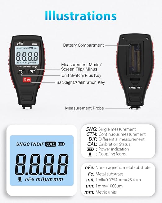 GT235 Paint Coating Thickness Meter, Digita Film Coating Thickness Gauge Measuring 0 to 1800um, Tester Painting Depth, LCD Backligh Display with Screen Rotation for Check Car Original Coating