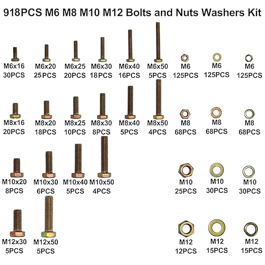 918Pcs Metric Bolt Assortment Kit - Grade 8.8 M6 M8 M10 M12 (16-50mm) Hex Bolts with Nuts & Washers, Yellow Zinc Plated, Storage Case for Heavy Equipment & Machinery Repair