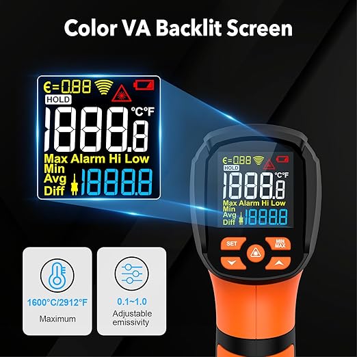 Infrared Thermometer Temperature Gun,-40℉~2912℉ Pyrometer, 50:1 High Temp Thermometer with Thermocouple Probe, Non-Contact Digital IR Laser Thermometer for Industrial HVAC Forge Metal