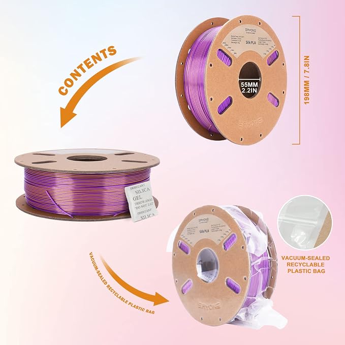 ERYONE Silk Dual Color PLA Filament 3D Printer 1.75mm +/- 0.03mm, Bicolor Filament Two Tone PLA 1KG(2.2lbs) Cardboard Spool, Gold Purple