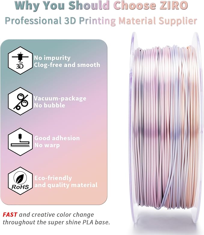 ZIRO Silky Fast Color Change PLA 4 Pack, 1.75mm Color Gradient Filament Bundle, Glossy Rainbow PLA Filaments, Fit Most 3D Printers and Pen, Shiny Surface 1KG X 4 Spool