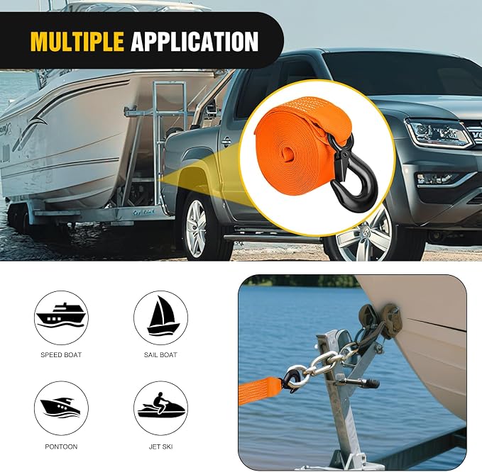 Boat Trailer Winch Strap 2 x 20Inch With Steel Hook 500 LBS Break Strength Winch Strap For Pontoon, Jet Ski, Fishing Boat