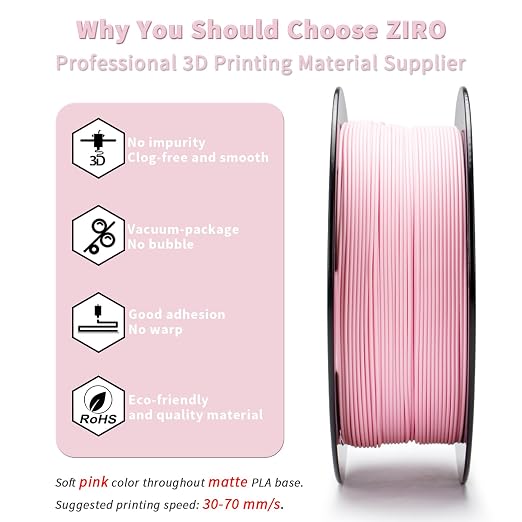 ZIRO 3D Printer Filament, Matte 1.75mm PLA Filament, Pastel Colors PLA Series, 3D Printing Material, Fit Most FDM Printers,1.75mm 2.2lbs Spool, Dimensional Accuracy +/- 0.03mm, Pastel Pink(Matte)