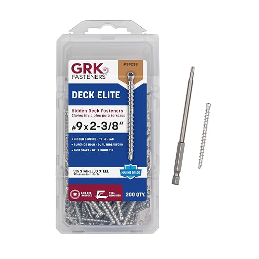GRK Fasteners Deck Elite 316 Stainless Steel #9 x 2-3/8" Hidden Deck Screws, 200 PCS, Extreme Corrosion Resistant, Outdoor Decking Fasteners, Drill Point Tip, Star Drive Recess, T-15 Bit Included | 316 Stainless Steel, #9 X 2-3/8 Length, 200 Count, Tri...