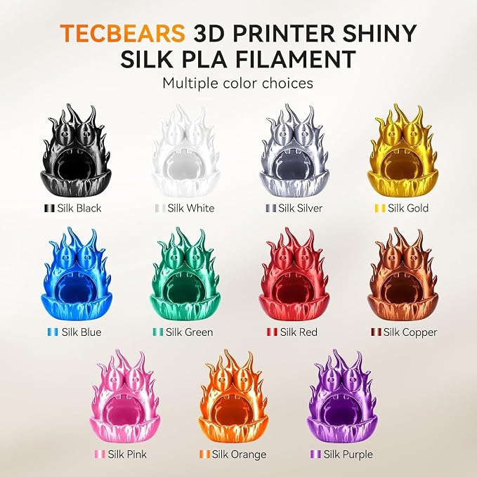 TECBEARS Silk Filament 1.75, Shiny Silk PLA Filament, 3D Printer Filament with Smooth Silky Surface, Pack of 4, Light Gold+Sliver+Black+Red Copper