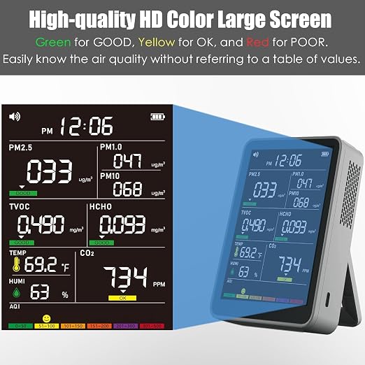 Professional Indoor Air Quality Monitor with AQI Alerts, Portable Real-Time Detector for Home, Car, Plants & Pet (Concrete Gray)