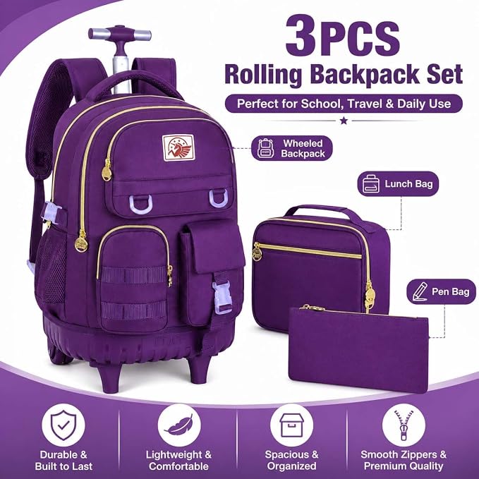 CCJPX 3PCS Rolling Backpack for Girls, Women Roller Bookbag with Lunch Box for Adults, Water Resistant Wheeled School Bag for Teens Kids Travel - Dark Purple