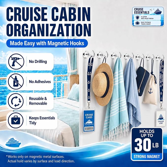 Neosmuk Magnetic Hooks, Cruise Ship Essentials, 32lb+ Heavy Duty Magnetic Hooks for Cruise Cabins, Refrigerator, Grill, Hanging, and Travel | Extra Strong Must-Haves Magnet Hook,Silver Pack of 20