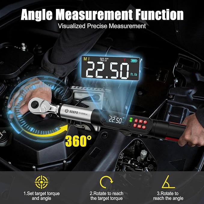 VANPO 1/2 Drive Digital Angle Torque Wrench 7.4-147.5 Ft.lb, ±2% Accuracy | 10-200 Nm Electronic Torque Wrench, Buzzer LED Vibration Alarm, Perfect Tools for Tire Lug Nuts & Car Engine Repair